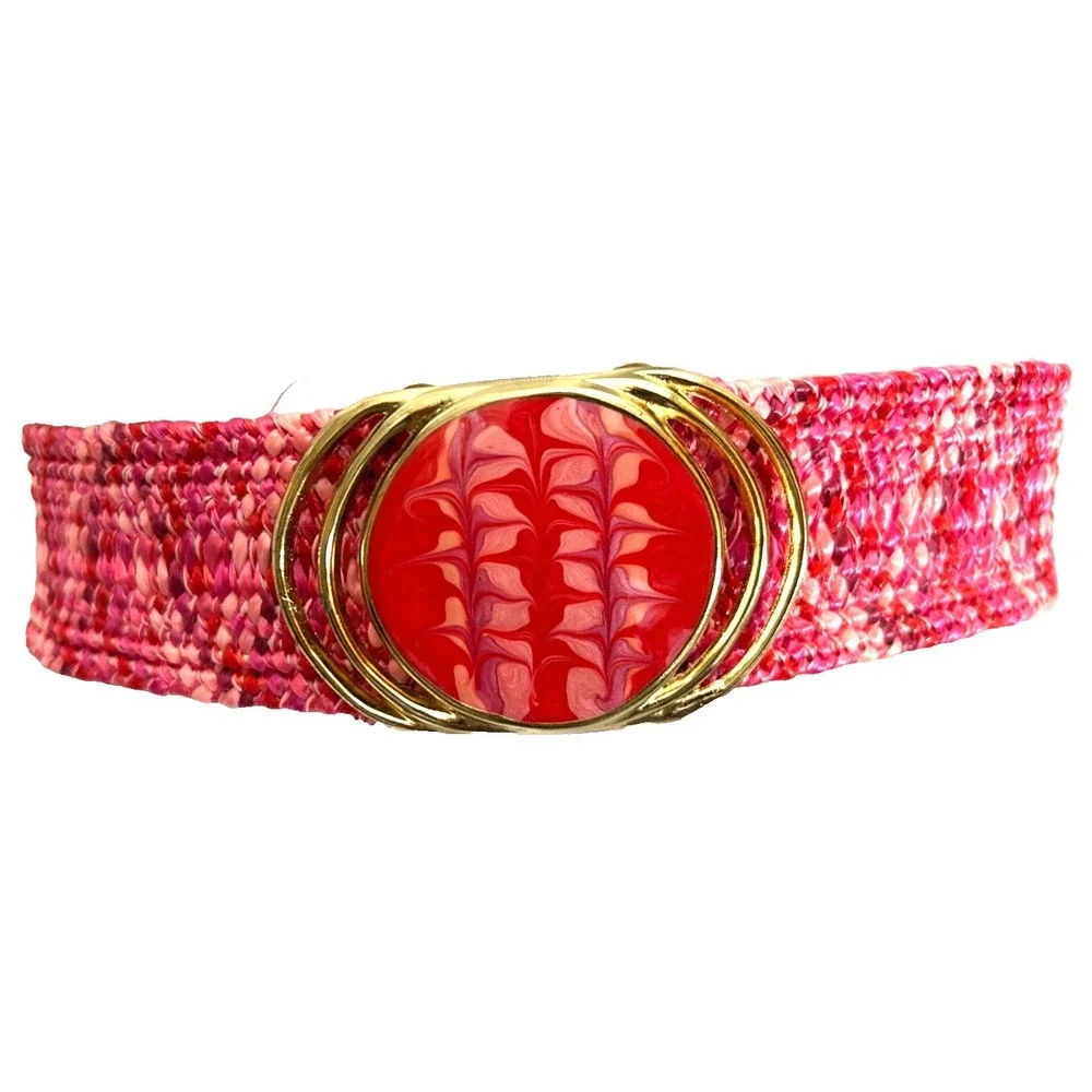 Vintage 80s Pink Woven Cinch Belt S Gold Overlap Circle Swirl Resin Buckle EUC